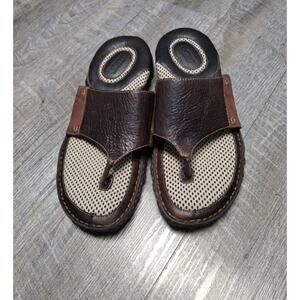 Mens Born Sandal Slip On Thongs Flip Flops Brown Leather Size 12/46